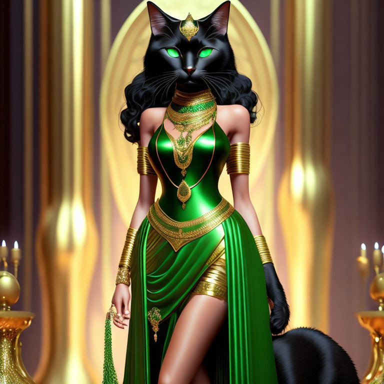 Regal anthropomorphic black cat in Egyptian attire with gold details.