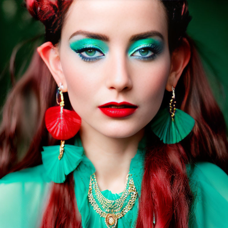 Vibrant blue eyeshadow, red lipstick, gold jewelry on woman in green outfit