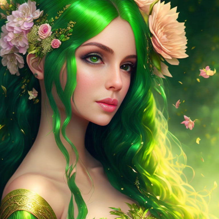 Vibrant green hair and eyes in digital art portrait.