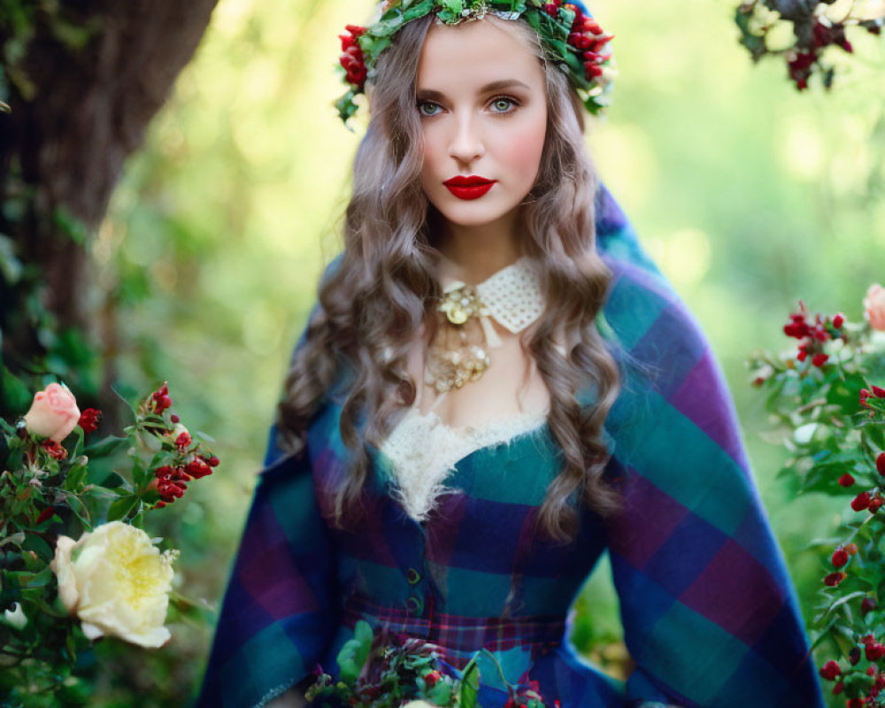 Floral wreath woman in tartan shawl and vintage dress in nature