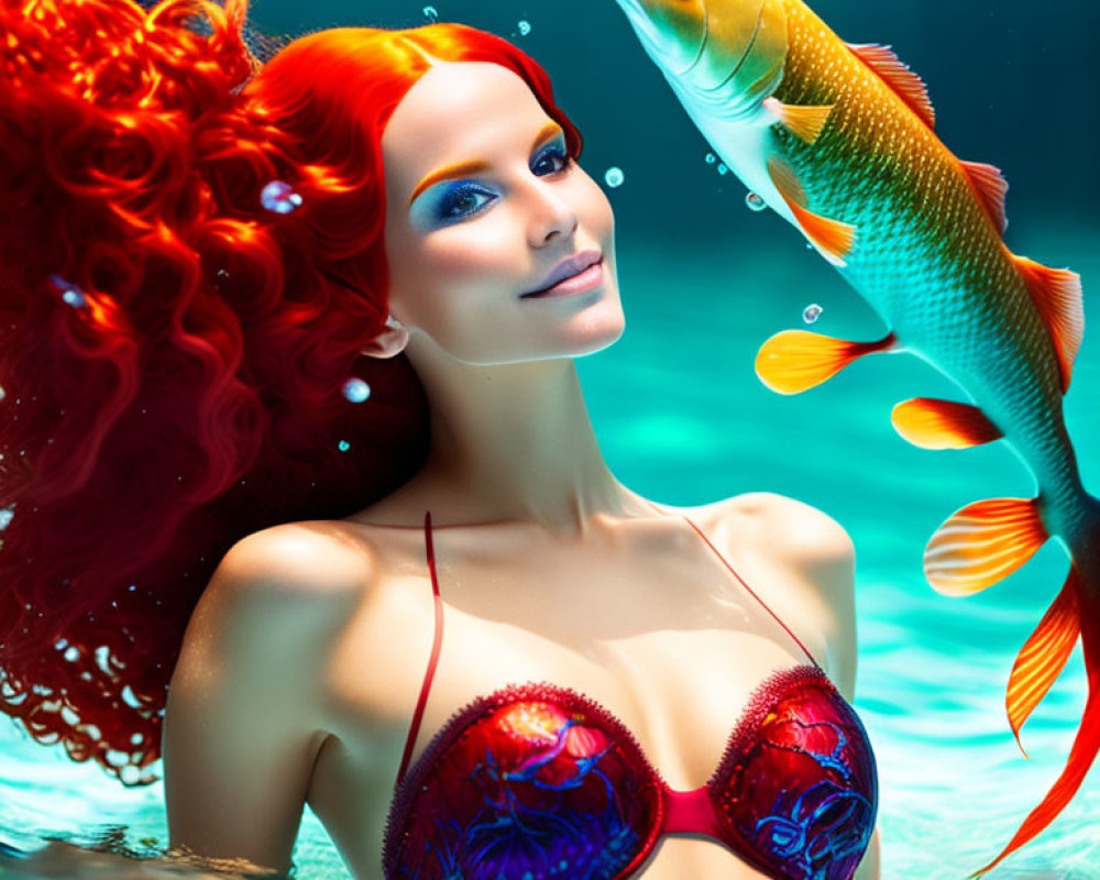 Vibrant red-haired woman in sparkling bikini with fish underwater