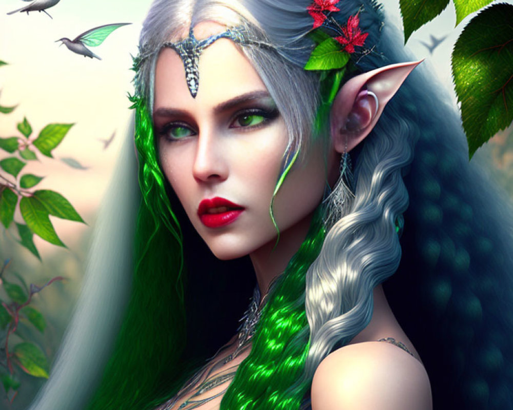 Fantasy elf woman digital portrait with green and white hair