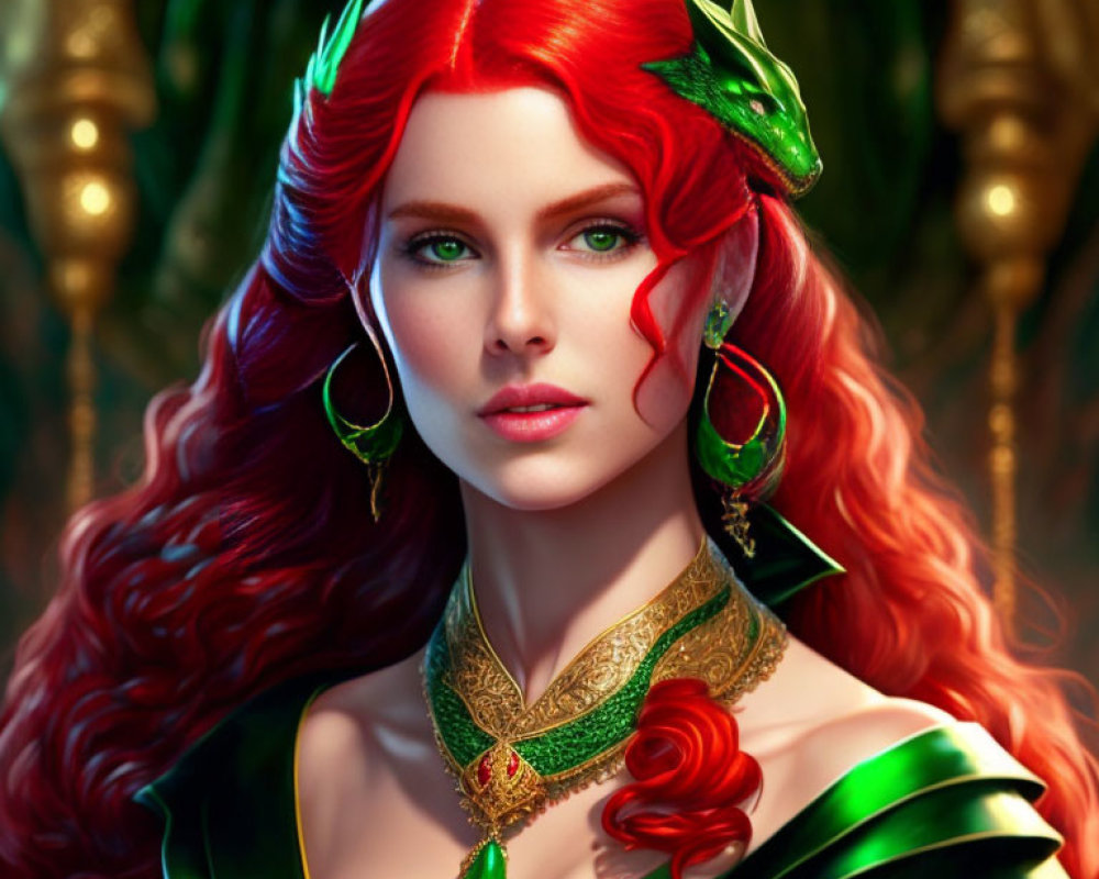 Vibrant red-haired woman with green eyes in ornate setting