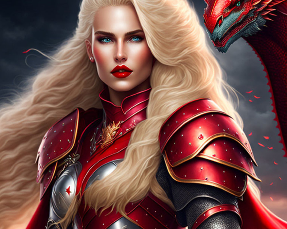 Blonde warrior woman in red armor with red dragon portrait