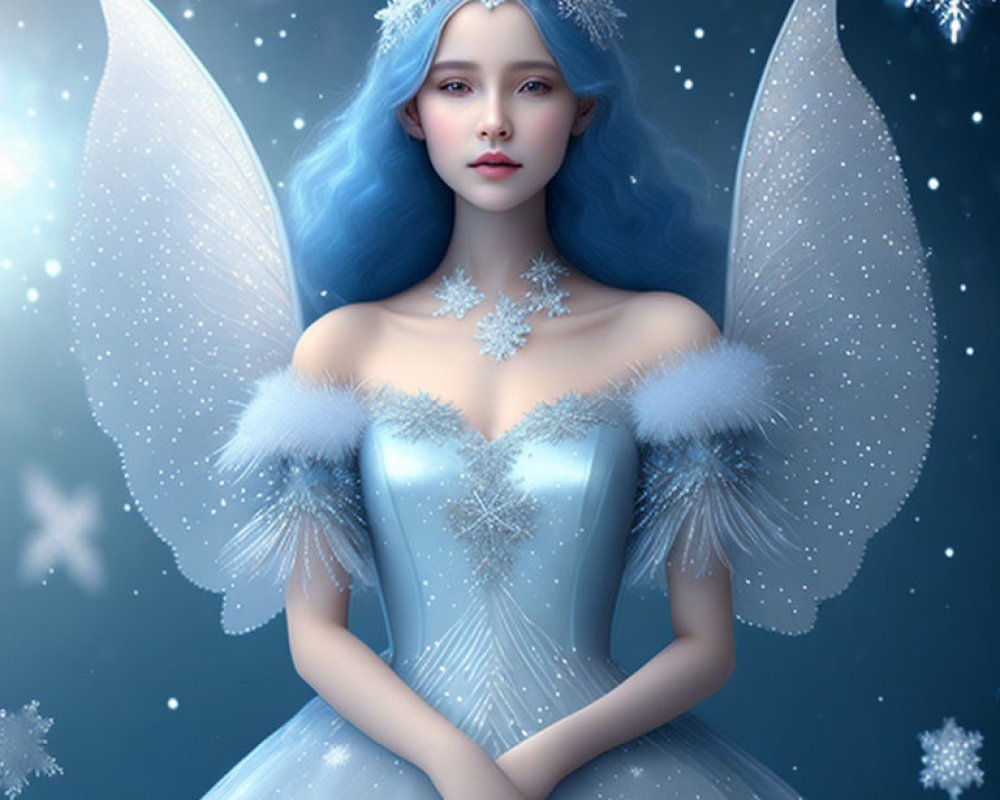 Fantasy ice fairy with blue hair and snowflake-themed attire