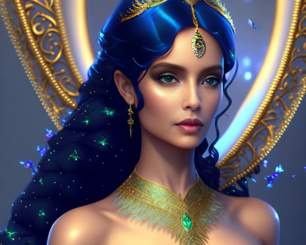 Digital artwork: Woman with blue hair, golden crown, starry cloak, and ornate frame