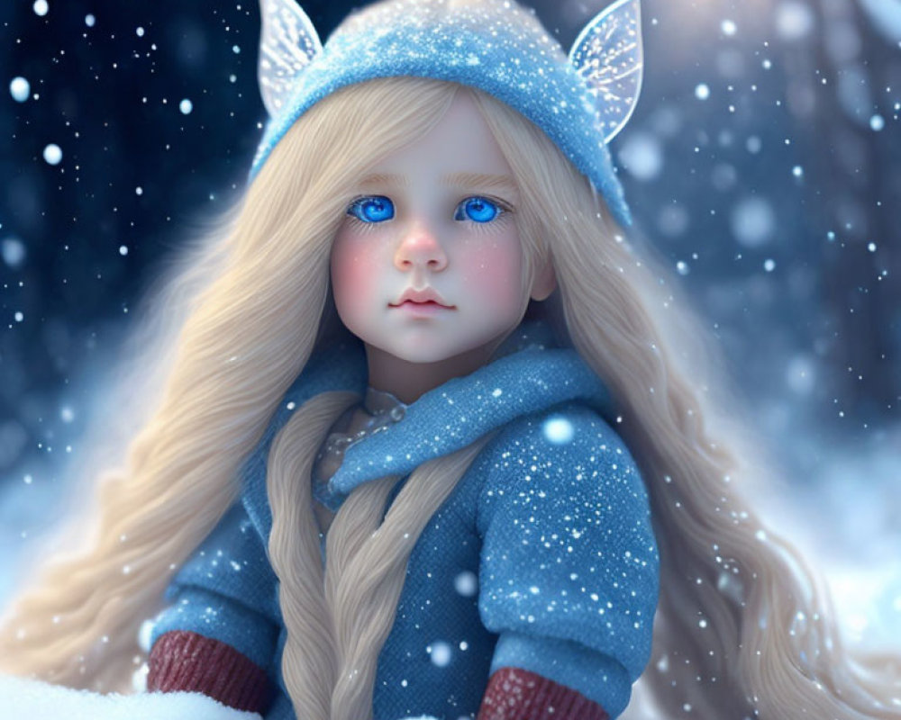 Digital artwork: Girl with Blue Eyes & Blonde Hair in Cat-Ear Hat with Falling Snowflakes