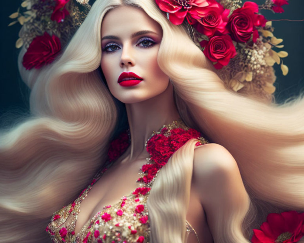 Blonde woman with red flower accessories and dress details