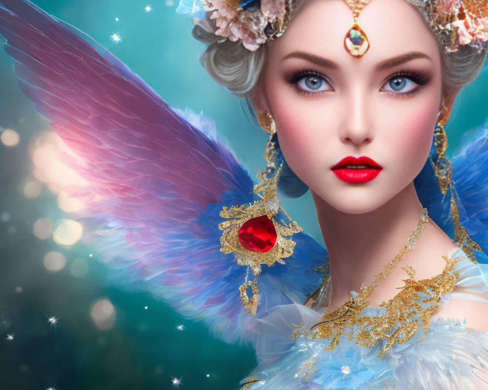 Fantasy female character portrait with colorful wings and gold jewelry on teal background