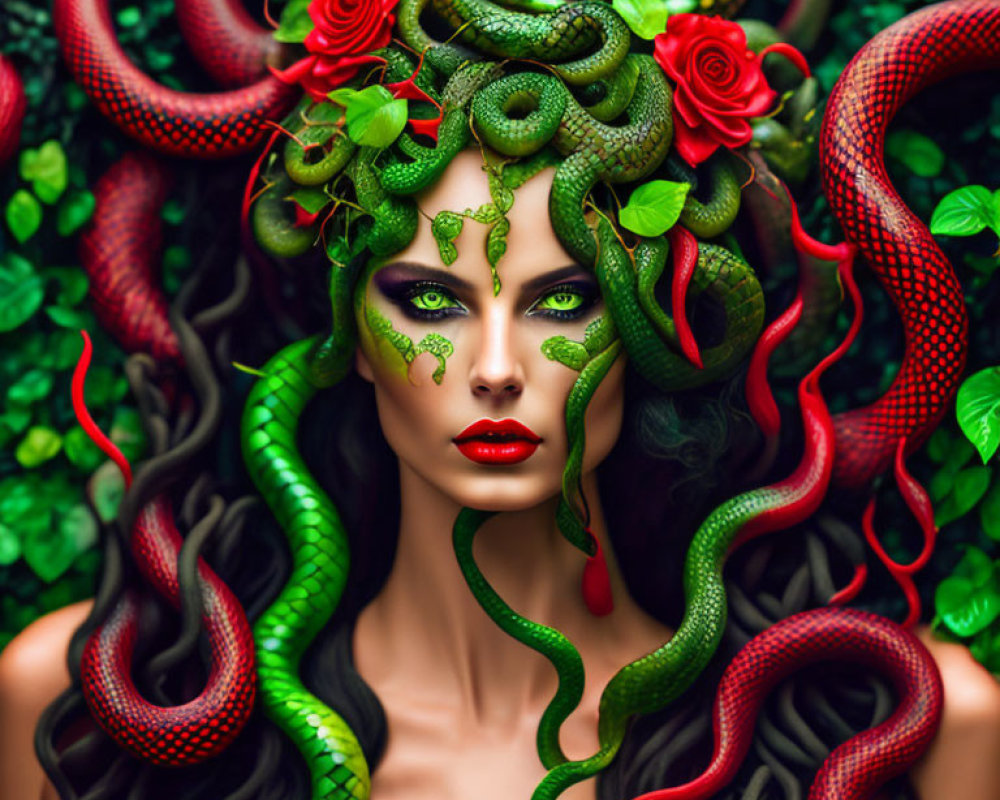 Woman with Medusa-Inspired Look: Live Snakes, Red Roses, Green Foliage