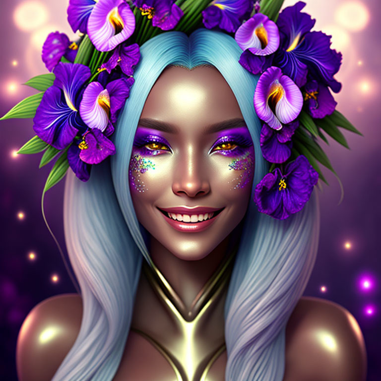 Smiling woman with blue hair and floral crown in digital portrait