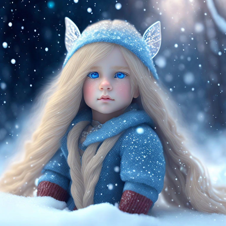 Digital artwork: Girl with Blue Eyes & Blonde Hair in Cat-Ear Hat with Falling Snowflakes