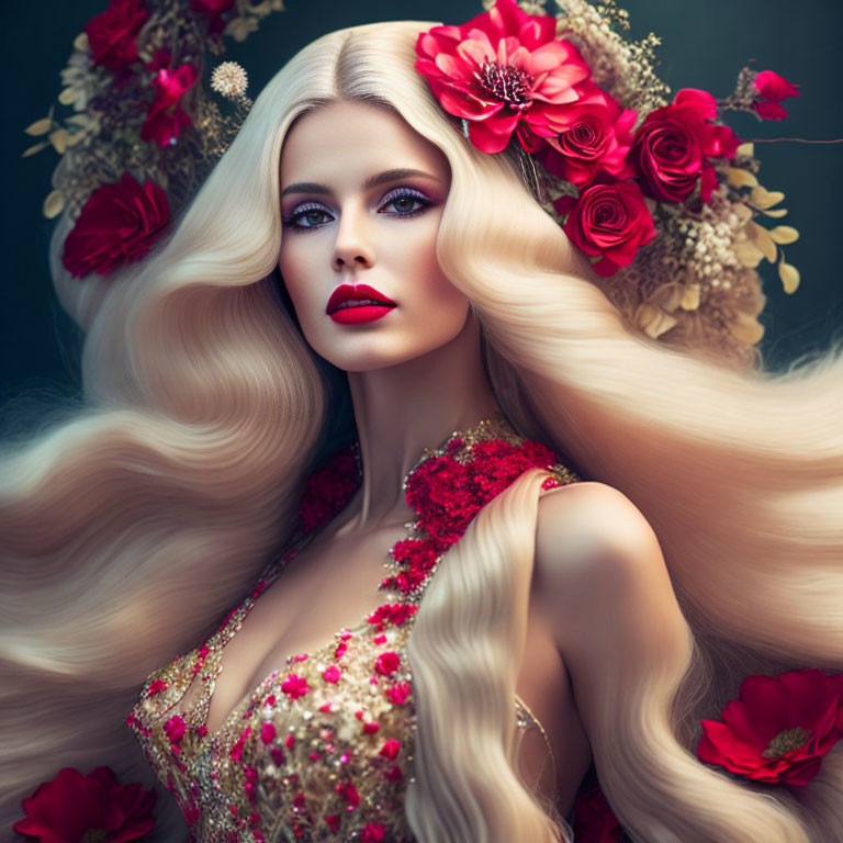 Blonde woman with red flower accessories and dress details