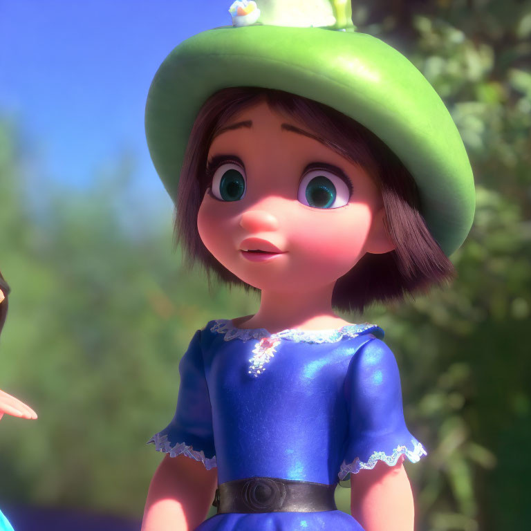 Young girl in 3D animation with big eyes, green hat, and blue dress.