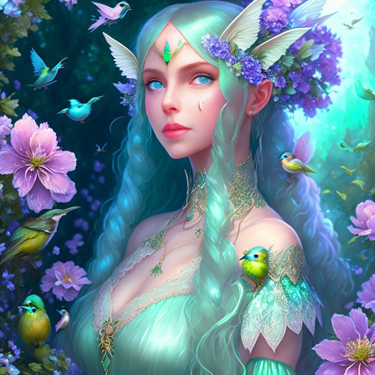 Fantasy elfin woman with blue hair in lush greenery and birds.