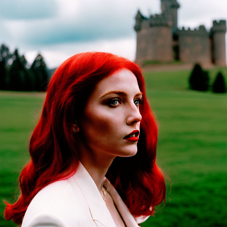 Vibrant red-haired woman with lipstick gazes towards castle and green landscape