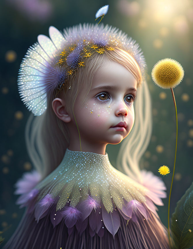 Digital artwork: Young girl with ethereal features and dandelion halo.