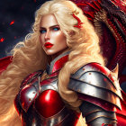 Blonde warrior woman in red armor with red dragon portrait