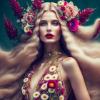 Blonde woman with red flower accessories and dress details