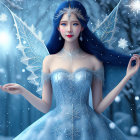 Fantasy ice fairy with blue hair and snowflake-themed attire