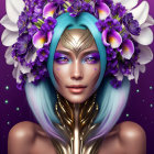 Smiling woman with blue hair and floral crown in digital portrait