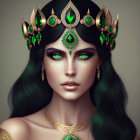 Digital portrait of a woman with emerald-green eyes, golden crown, and green gems.