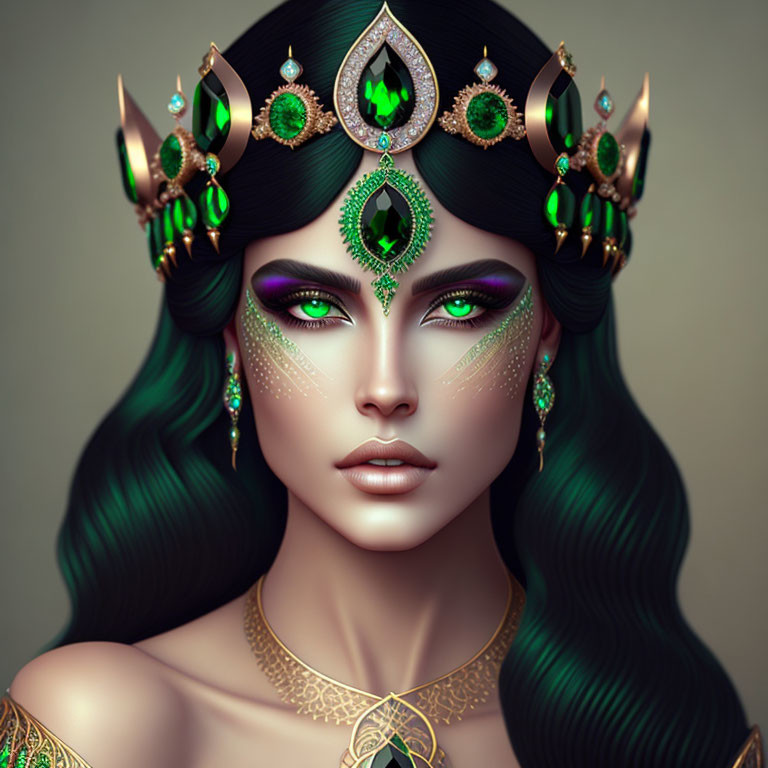 Digital portrait of a woman with emerald-green eyes, golden crown, and green gems.