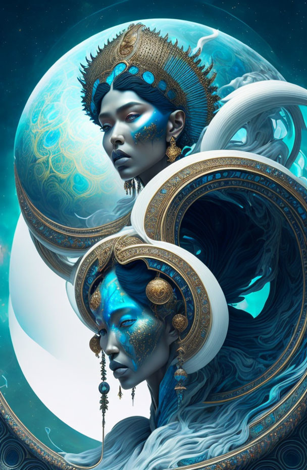 Surreal digital artwork: Two women in blue and gold headdresses under a large moon