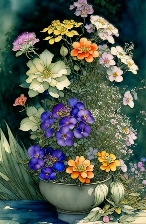 Colorful Flower Bouquet in Grey Bowl on Dark Background