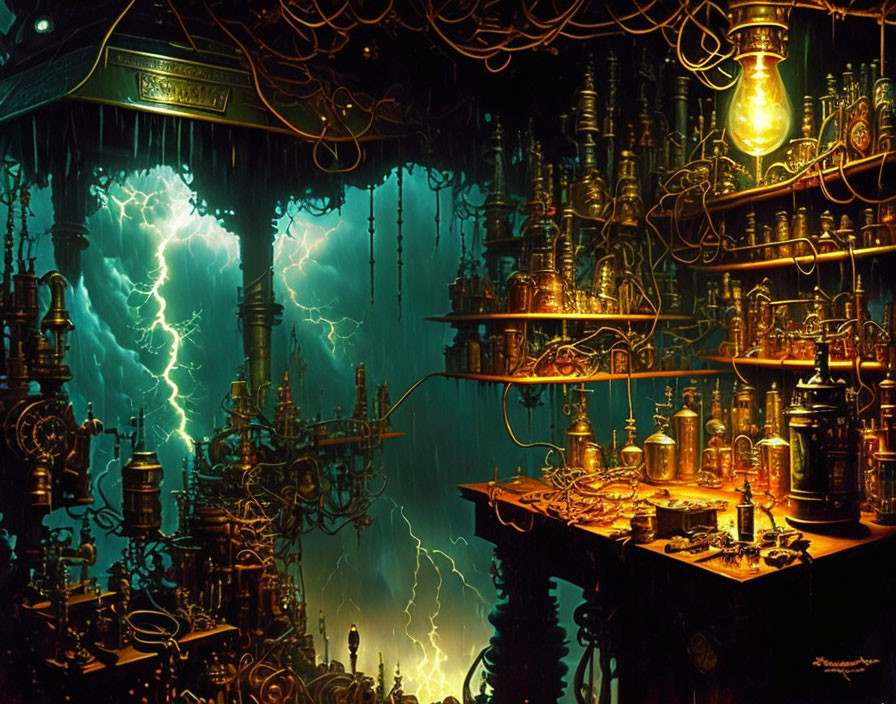 Intricate Steampunk Laboratory with Glowing Bulbs and Electrical Arcs