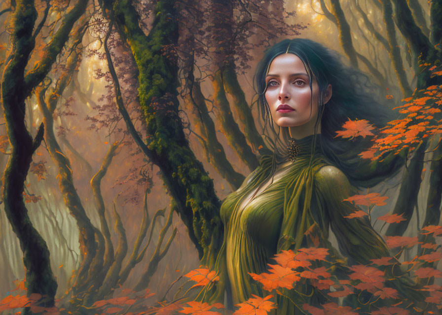 Enchanted autumn forest scene with mystical woman in green dress