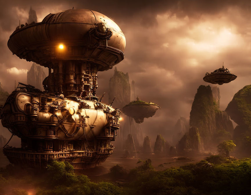 Steampunk-style airships among towering rock formations under dramatic sky