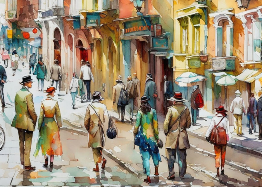 Colorful Watercolor Street Scene with Vintage Attired Pedestrians