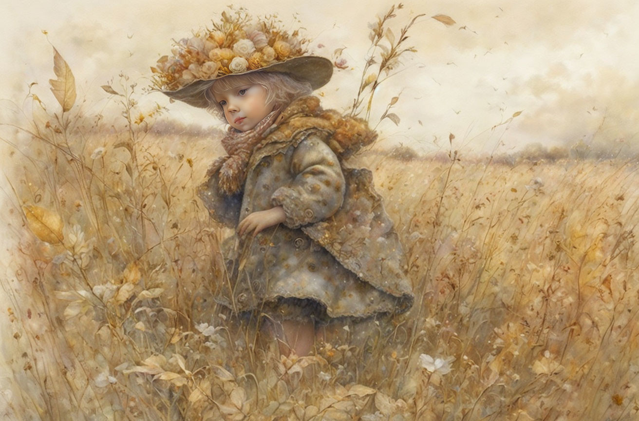 Child in flower-adorned hat and fur-trimmed coat in golden field