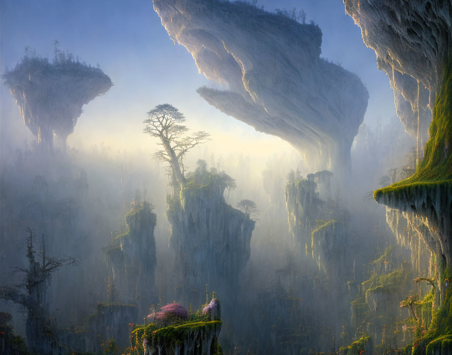 Misty landscape with towering rock pillars and lush vegetation