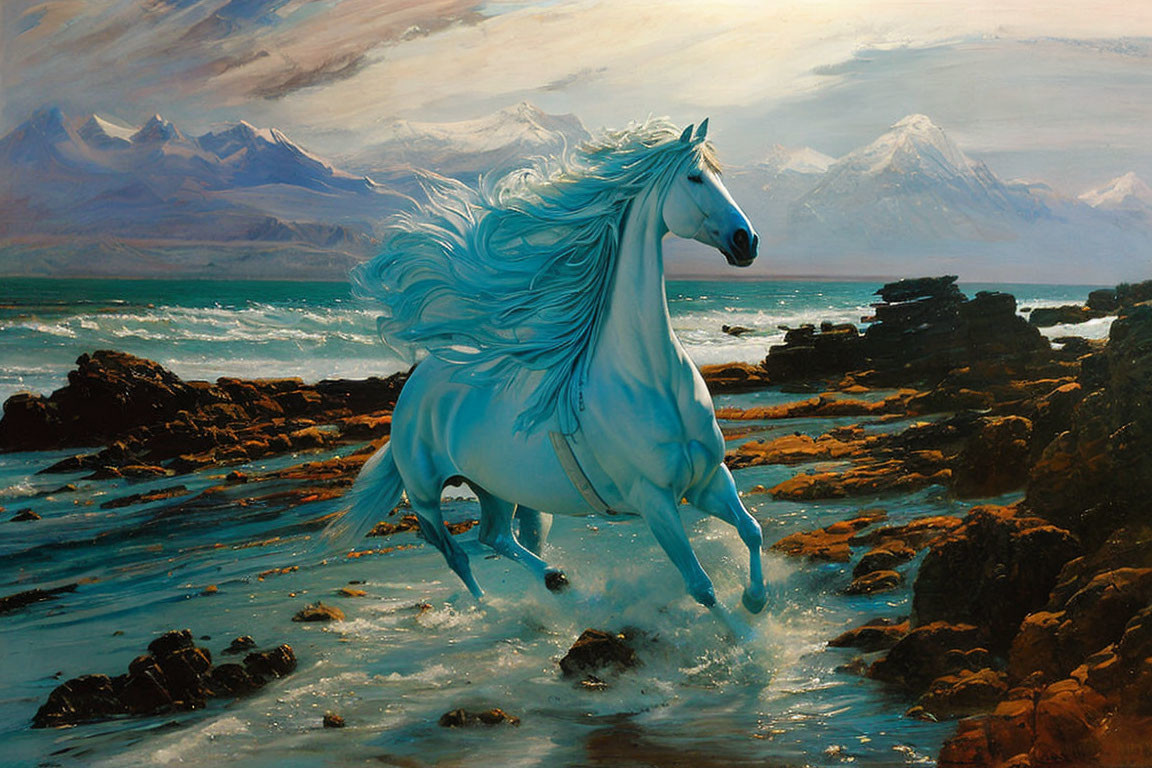 Majestic white horse galloping by the sea with snow-capped mountains