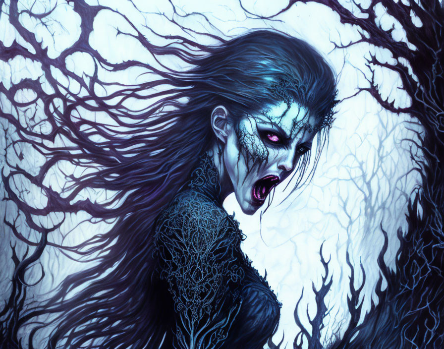 Intense artwork of snarling woman with vampiric features against gnarled trees