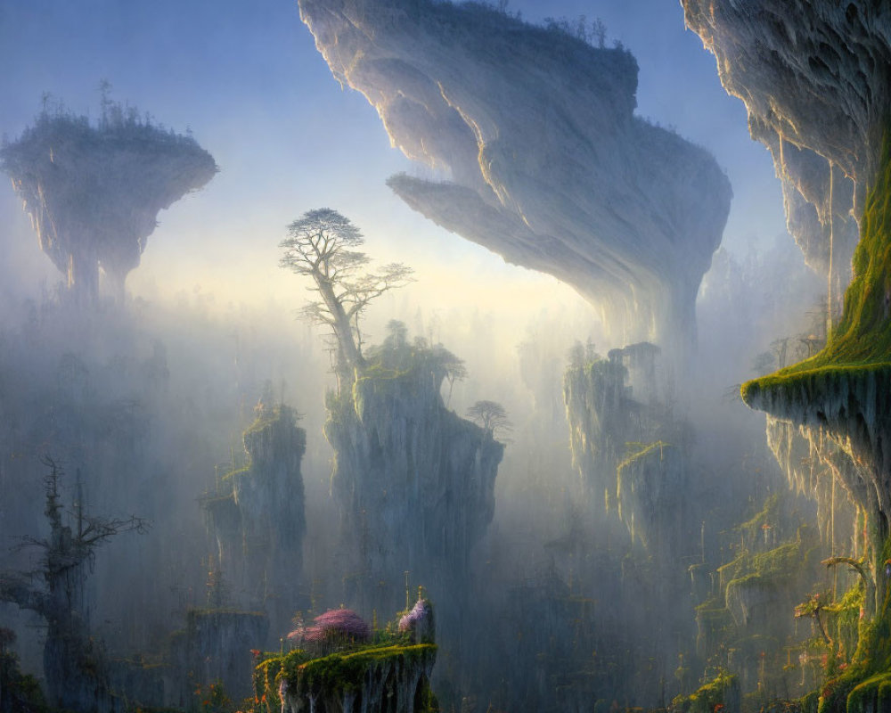 Misty landscape with towering rock pillars and lush vegetation