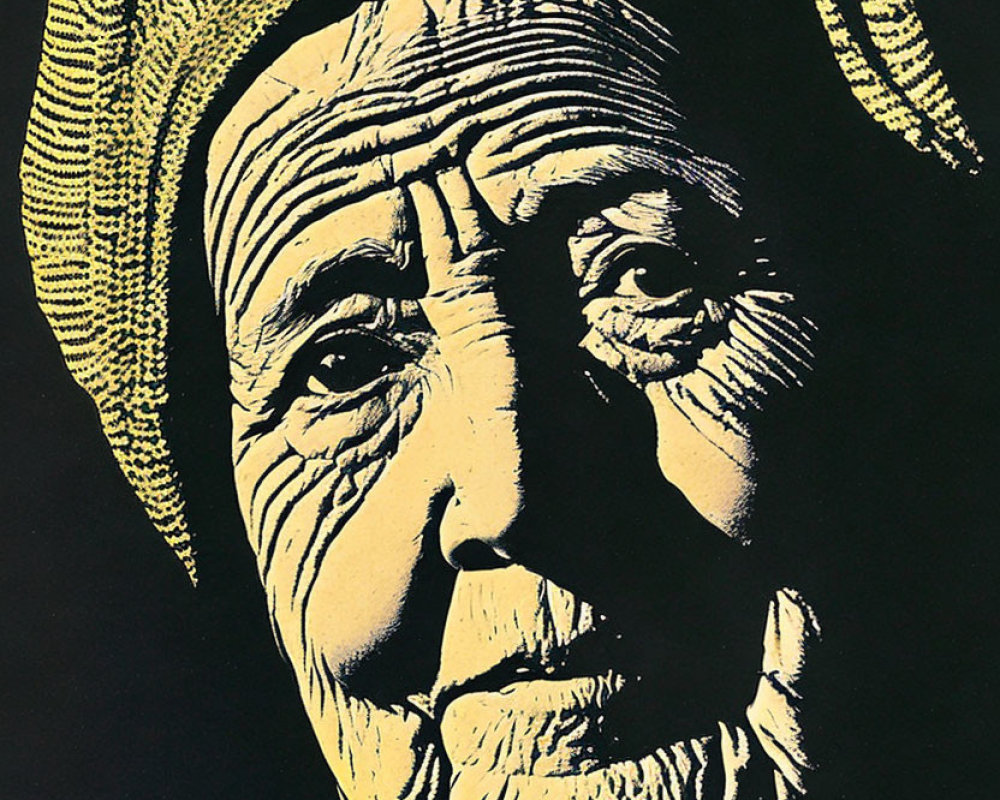 Elderly person with deep wrinkles in headwrap on dark background