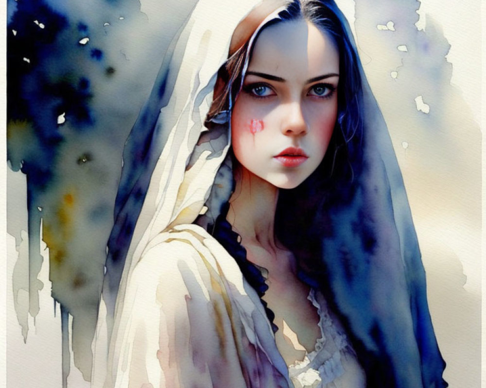 Woman with White Veil and Blue Eyes in Watercolor Painting