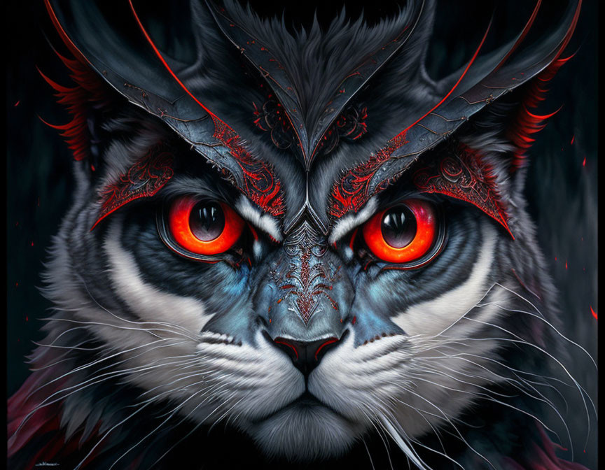 Intricate Red and Black Tribal Tiger Artwork with Glowing Eyes