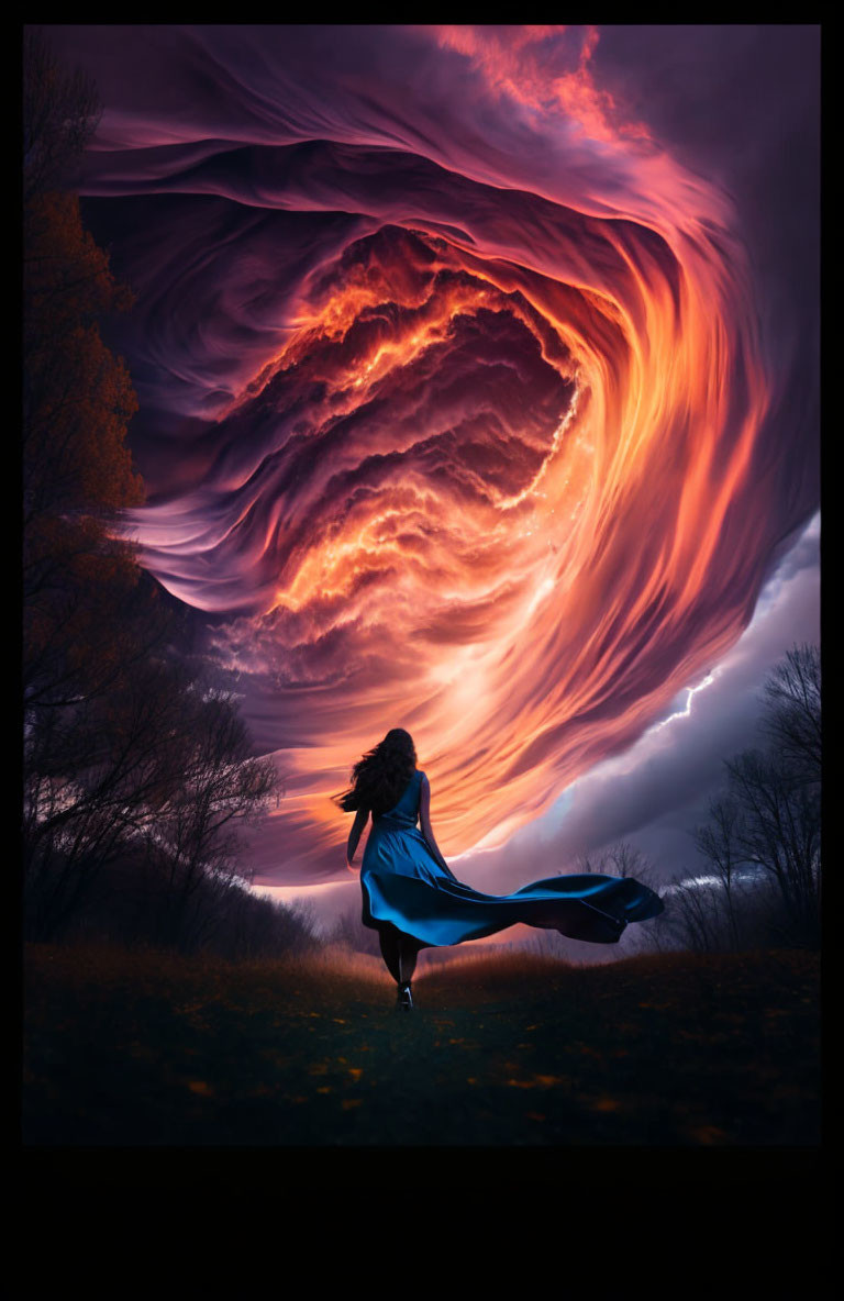 Person in Blue Cloak Swirling Under Fiery Sky Amidst Natural Vortex