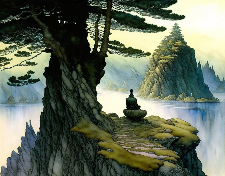 Tranquil lake landscape with meditating figure and misty mountains