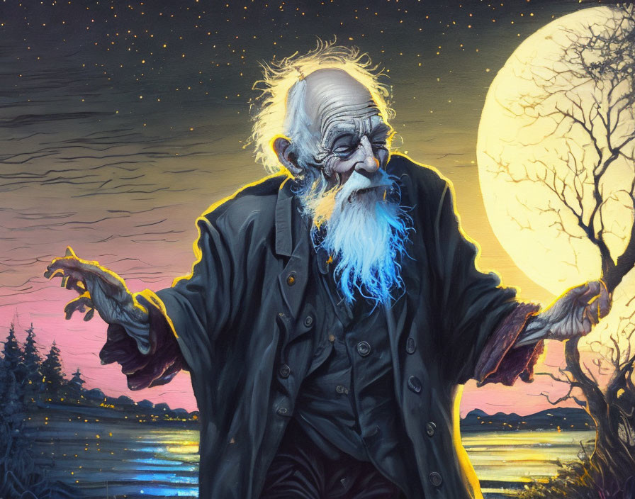 Elderly wizard with long blue beard under twilight sky