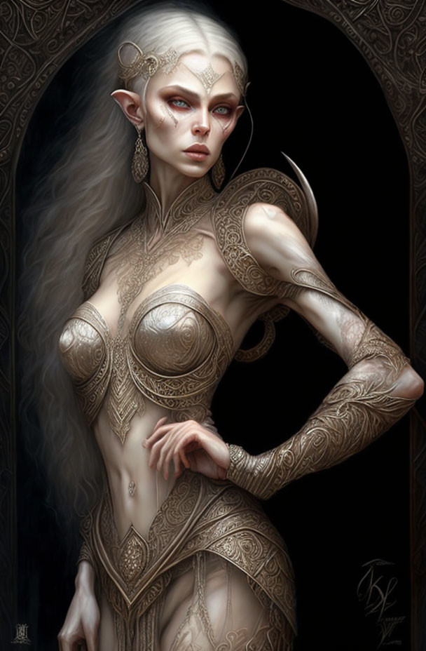 Ethereal fantasy character with pale skin and intricate metallic body armor