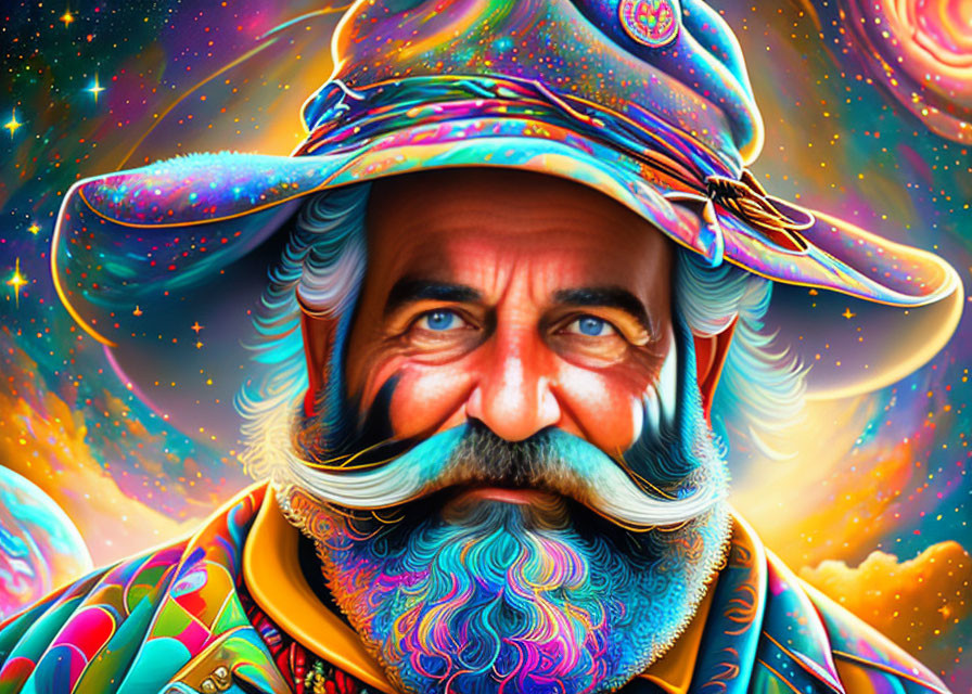 Vibrant portrait of a bearded man in colorful hat and suit against cosmic backdrop