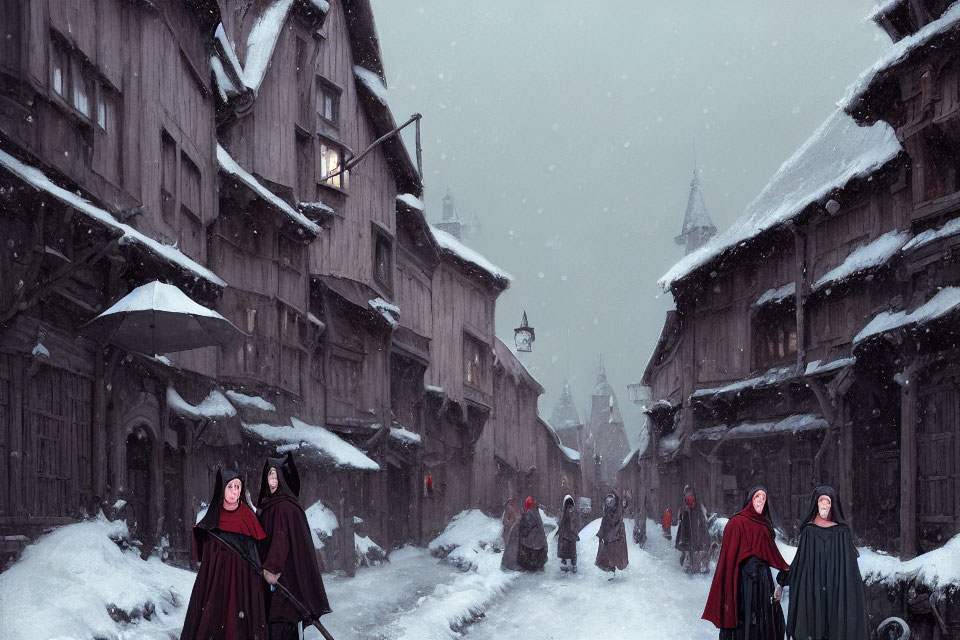 Medieval snowy street scene with people in red cloaks and umbrellas