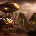 Steampunk-style airships among towering rock formations under dramatic sky