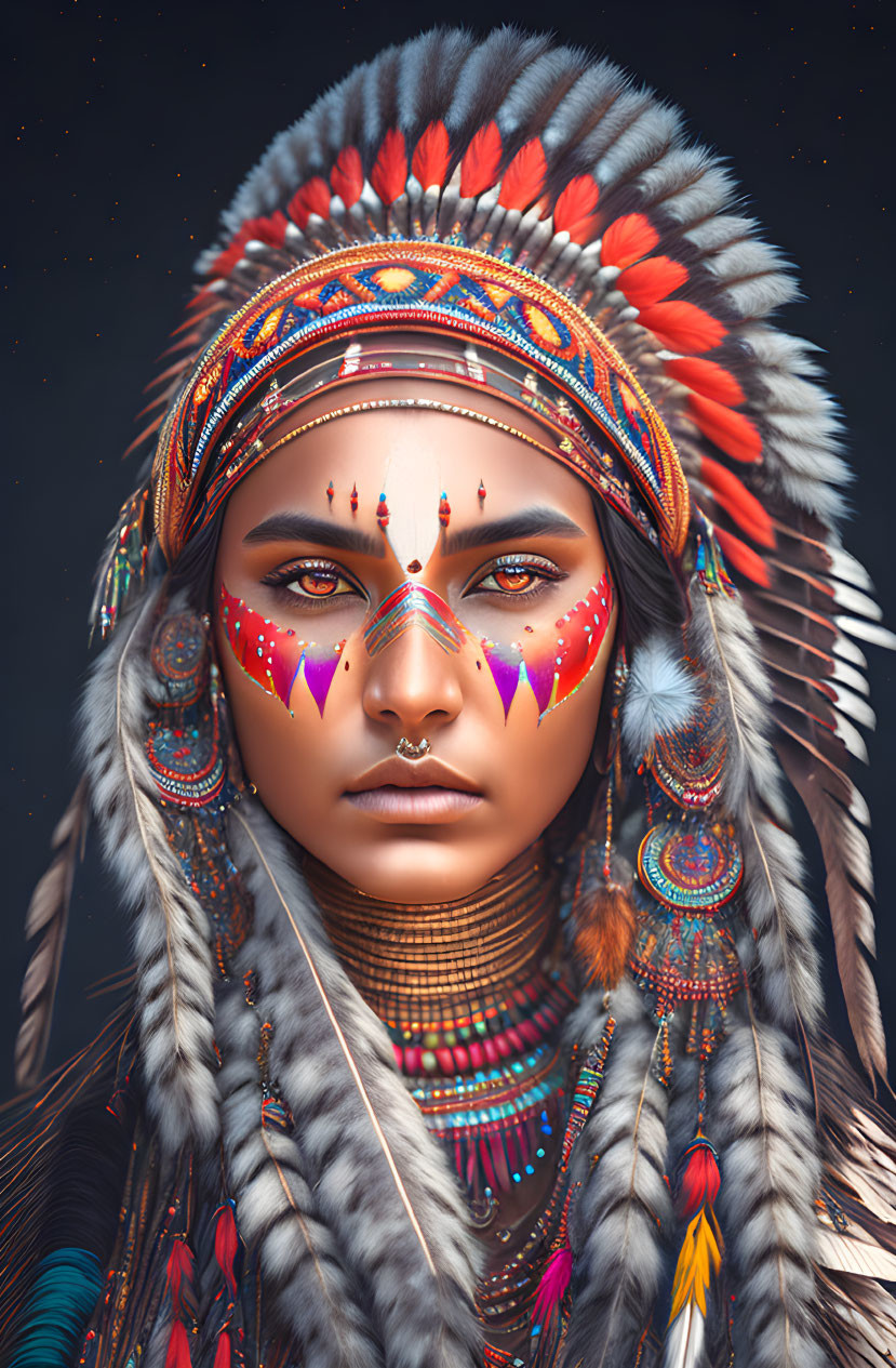 Person with Intricate Face Paint and Feathered Headdress in Colorful Beads