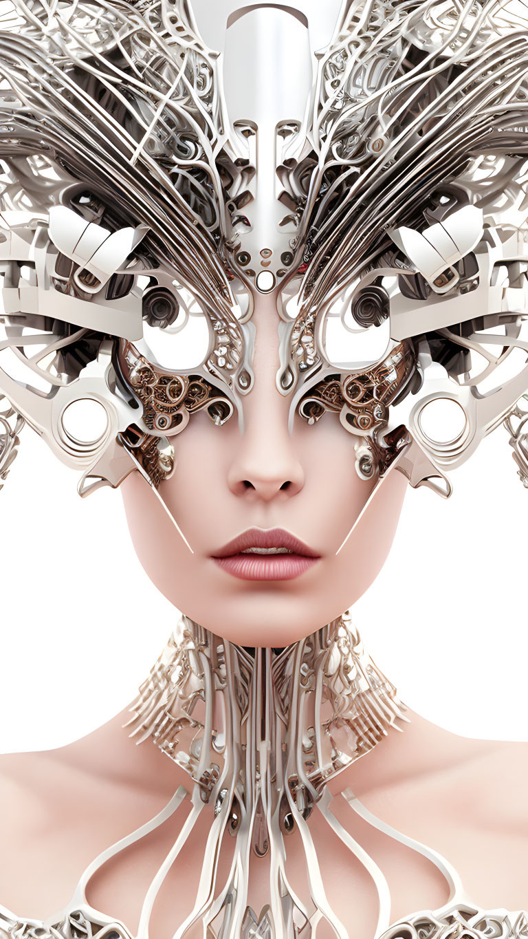 Detailed Futuristic Female Face with Intricate Metallic Headgear of Gears and Mechanical Components